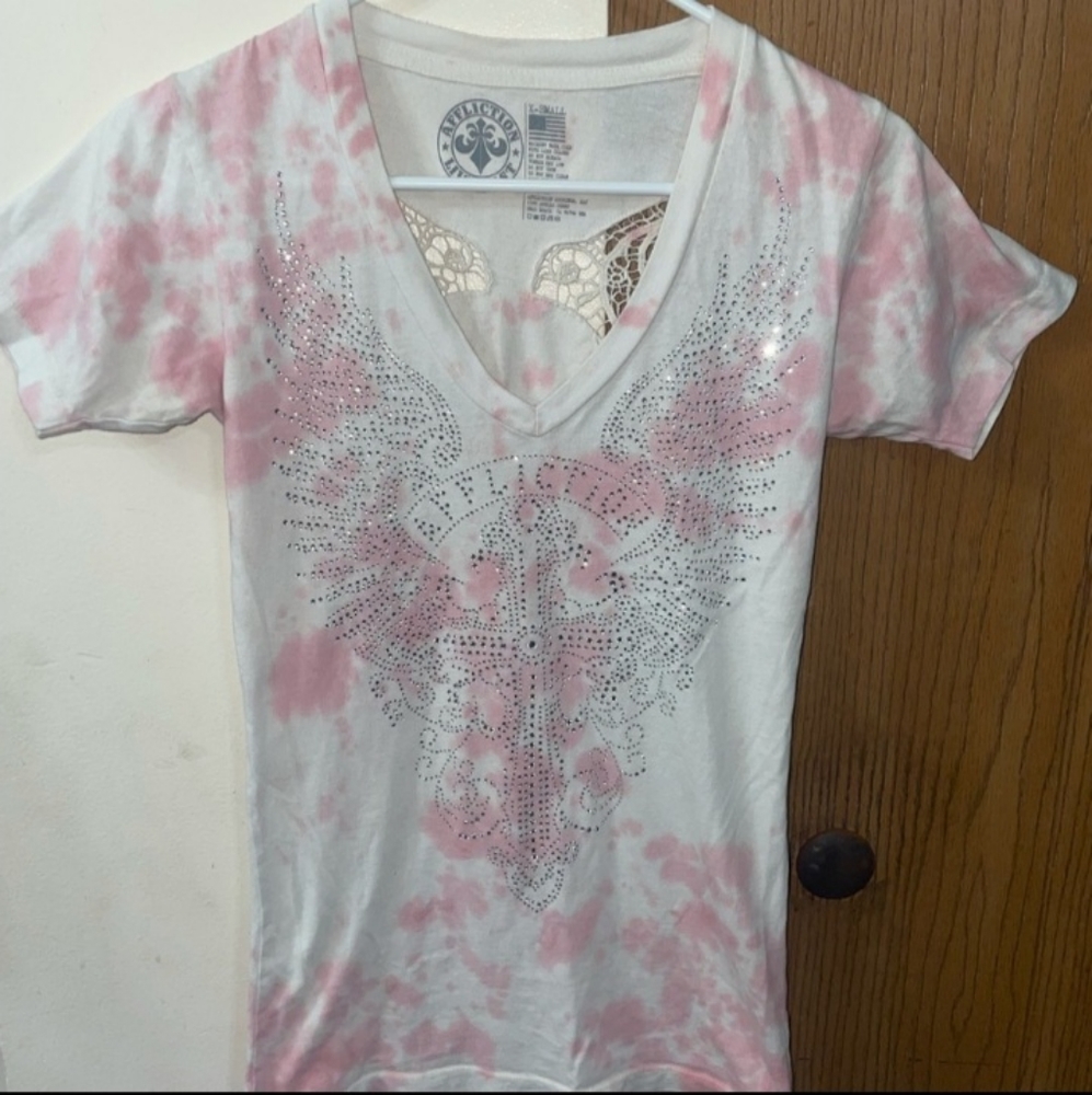 Gorgeous pink and white Affliction angel wing shirt